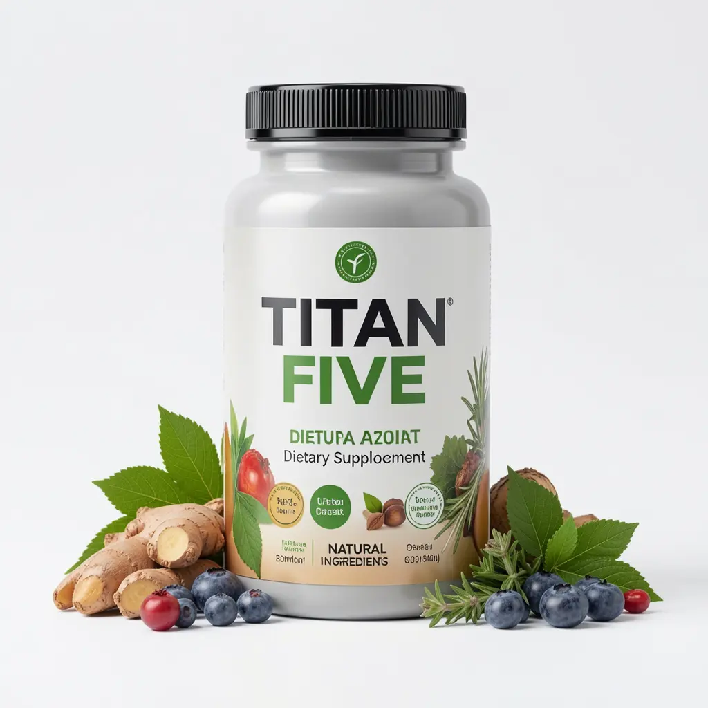 Titan Five dietary supplement bottle with natural ingredients displayed on a clean background